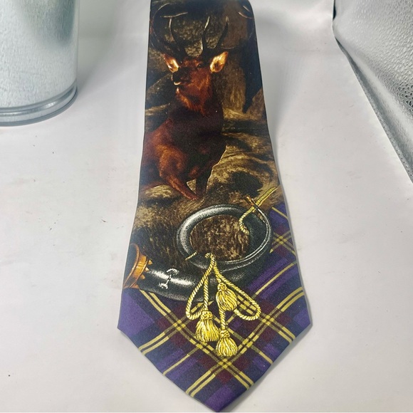 Polo by Ralph Lauren Vintage Deer & French Horn Purple/Yellow Plaid Silk Tie - Picture 1 of 8